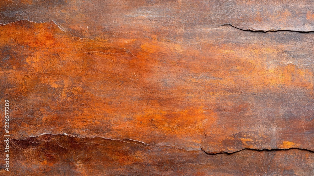 Fototapeta premium Rusted metal surface with orange corrosion and deep cracks showcases natural weathering and industrial decay.