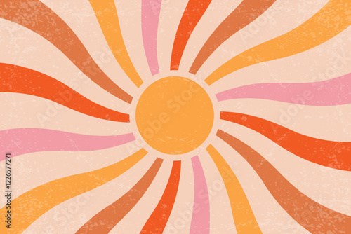 Retro sun background with radial swirl rays. Vector textured 70s abstract pattern. Vintage summer poster with concentric stripes of beams. Creamy pink and orange hippy wallpaper