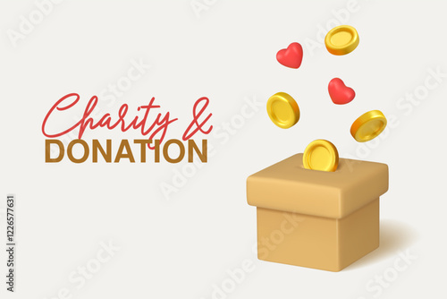 Sponsorship vector 3d web banner. Donation carboard box with hearts and gold coins. Refugee or homeless charity support illustration, financial grant concept
