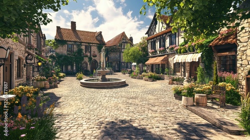 Fototapeta Naklejka Na Ścianę i Meble -  a charming village square with cobblestone streets and a central fountain. Architectural design elements modern interventions creativity 