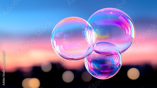 Iridescent Bubbles Floating Against a Vibrant Sunset Cityscape