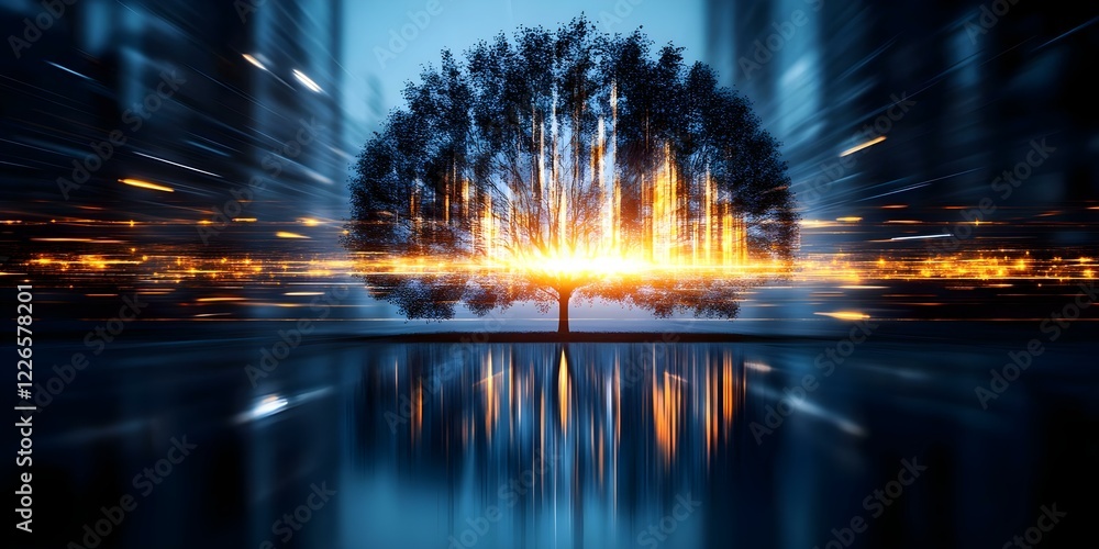 A glowing tree surrounded by a blurred, futuristic cityscape, with vibrant lights reflecting off a calm water surface. Concept Glowing Tree, Futuristic Cityscape, Vibrant Lights A glowing tree surrounded by a blurred, futuristic cityscape, with vibrant lights reflecting off a calm water surface. Concept Glowing Tree, Futuristic Cityscape, Vibrant Lights