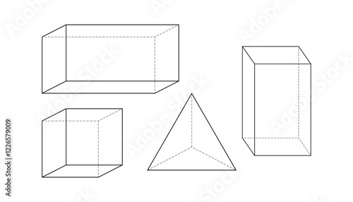 3D quadrilaterals on a white background. triangular base pyramid. geometric cube icon. simple lines and dots geometric shape