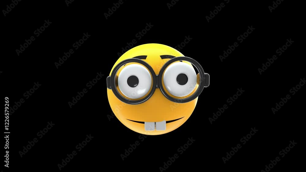 A smiling yellow emoticon wears round glasses