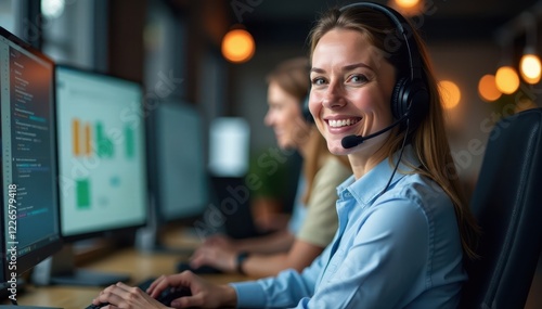 Happy consultant wearing headset, offering online assistance, phone, technology