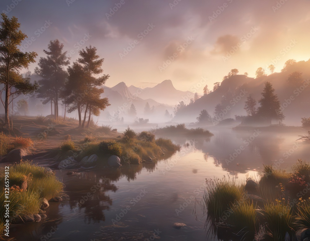 Softly glowing mist surrounds a serene landscape at dawn, nature, atmosphere, fog Softly glowing mist surrounds a serene landscape at dawn, nature, atmosphere, fog