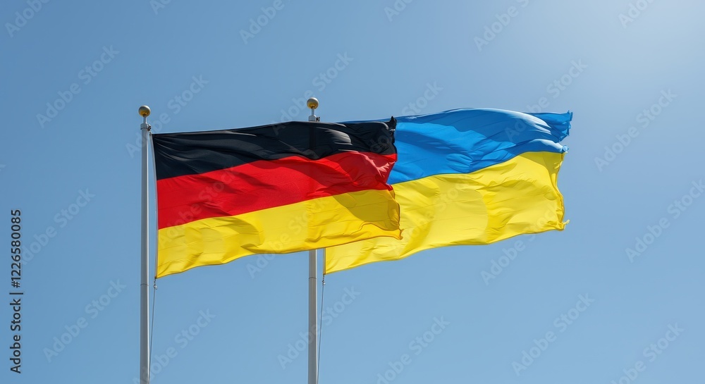 German and Ukrainian Flags Waving in the Blue Sky: Symbol of Solidarity and Support German and Ukrainian Flags Waving in the Blue Sky: Symbol of Solidarity and Support