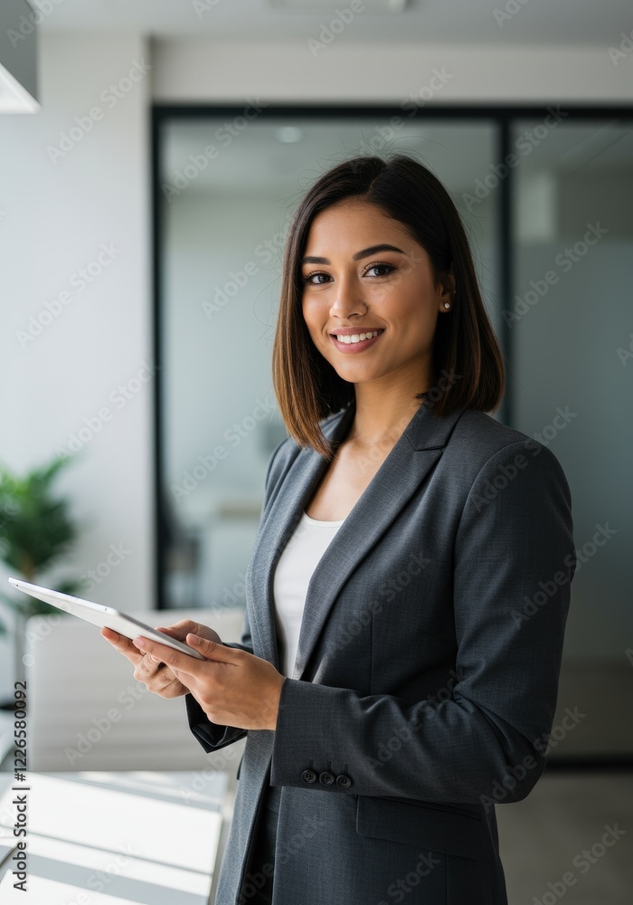 Confident Businesswoman Using Tablet in Modern Office