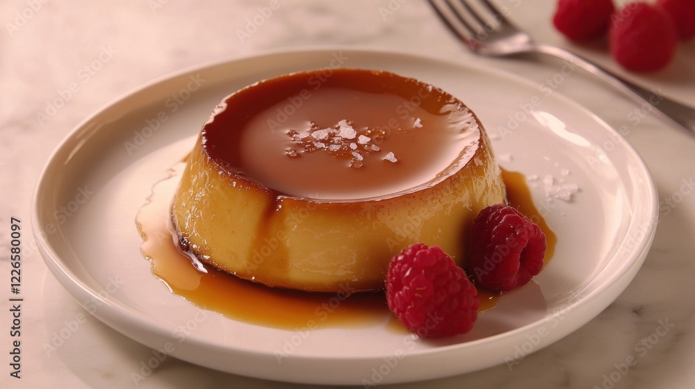 A decadent caramel flan with a smooth and creamy texture, topped with a rich caramel sauce and a sprinkle of sea salt, served on a white porcelain plate A decadent caramel flan with a smooth and creamy texture, topped with a rich caramel sauce and a sprinkle of sea salt, served on a white porcelain plate