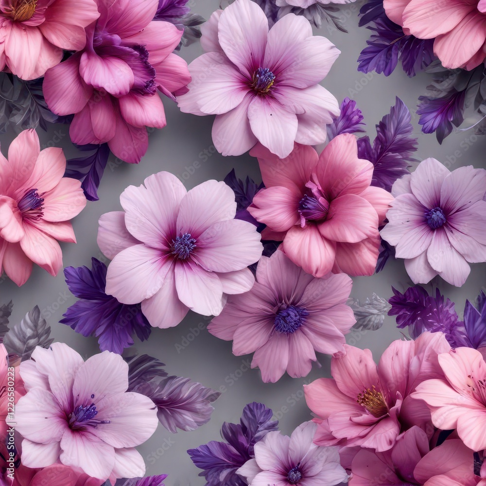 Vibrant floral patterns in shades of pink and purple on a pale gray background , colorful, whimsical, playful Vibrant floral patterns in shades of pink and purple on a pale gray background , colorful, whimsical, playful