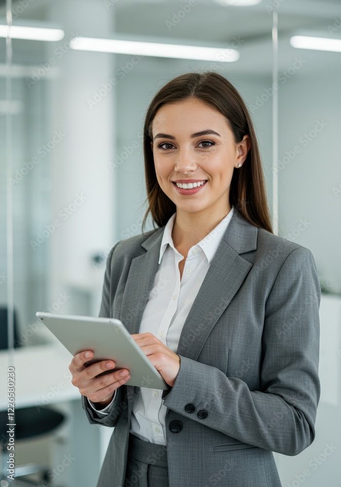 Confident Businesswoman Using Tablet in Modern Office Confident Businesswoman Using Tablet in Modern Office