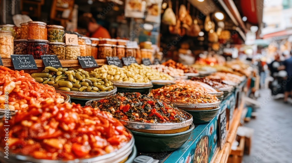 Fototapeta premium Parisian Market Preserved Vegetables, Busy Street
