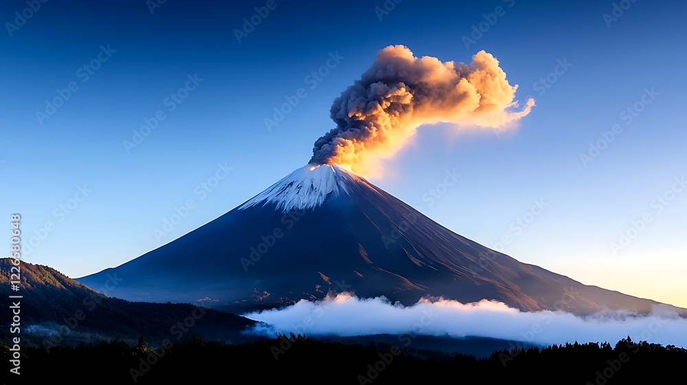 Fototapeta premium Majestic Volcano Erupting at Sunrise. Dramatic Volcanic Landscape with Smoke and Ash Cloud