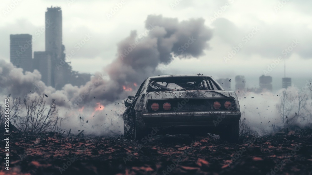 Fototapeta premium Post Apocalyptic Cityscape Damaged Car Smoke Ruins
