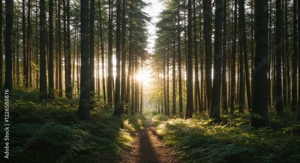 Obraz premium Sunlit Path Through Majestic Pine Forest at Sunset
