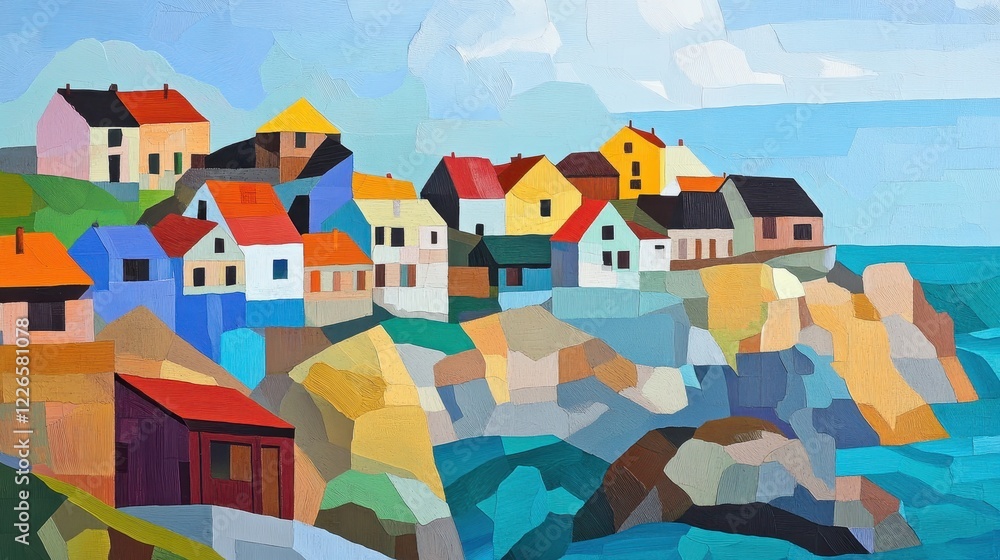 Naklejka premium a vibrant coastal village with brightly painted houses perched on cliffs.Architectural design elements modern interventions creativity 