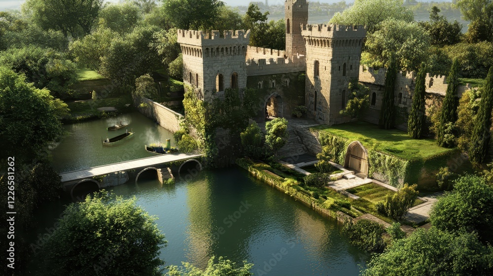 Fototapeta premium an ancient stone castle surrounded by a wide moat and lush gardens.Architectural design elements modern interventions creativity