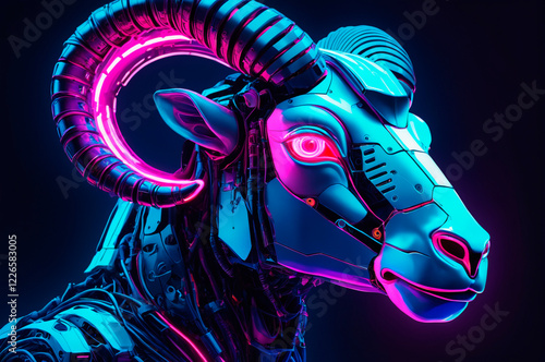 Portrait of a robotic ram, neon aesthetics, neo-noir. Generative AI.  photo