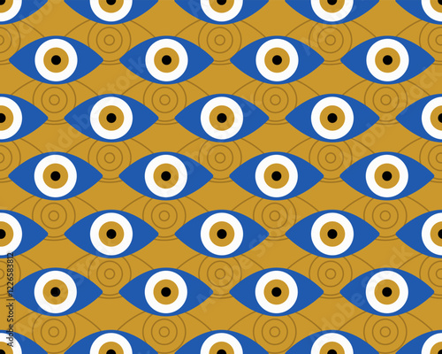 Evil eye seamless pattern. Blue colored textured vector background. Amulet. 