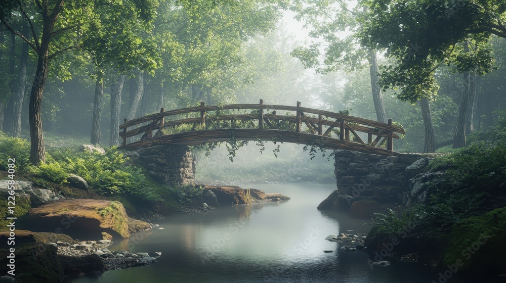 a picturesque wooden bridge crossing a misty forest stream.Architectural design elements modern interventions creativity a picturesque wooden bridge crossing a misty forest stream.Architectural design elements modern interventions creativity