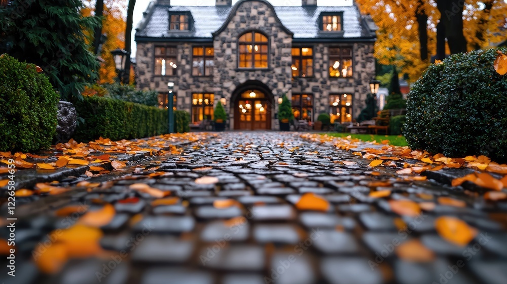Obraz premium Autumnal mansion driveway, leaves, fall, landscape, luxury