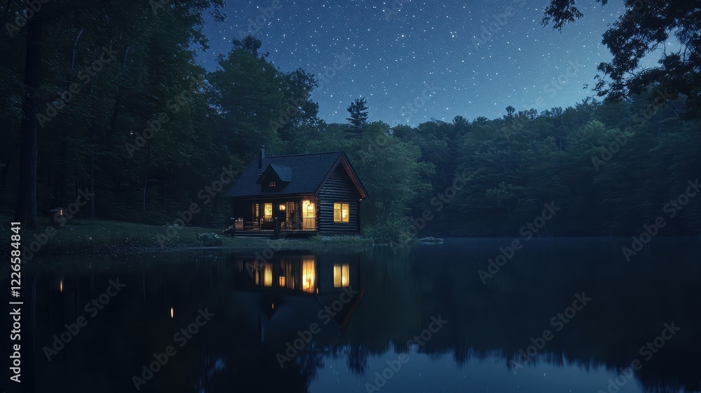 Fototapeta premium a serene lakeside cabin reflecting on still waters under a starry sky.Architectural design elements modern interventions creativity