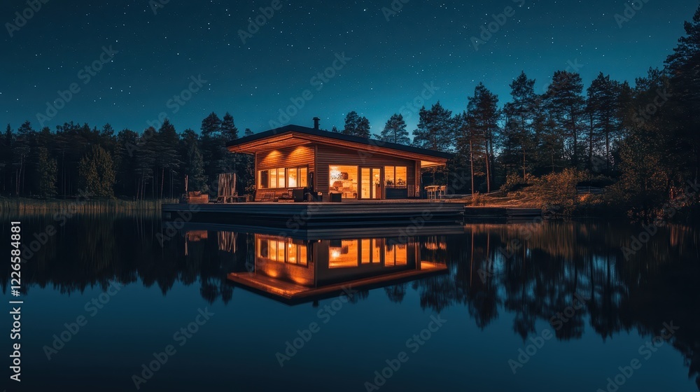 a serene lakeside cabin reflecting on still waters under a starry sky.Architectural design elements modern interventions creativity a serene lakeside cabin reflecting on still waters under a starry sky.Architectural design elements modern interventions creativity