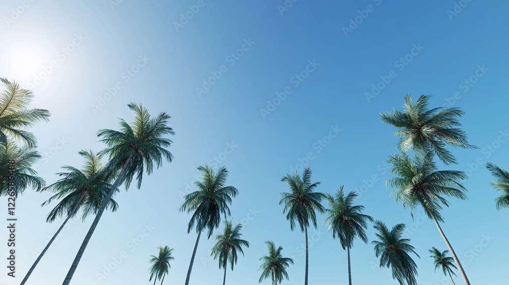 A serene view of tall palm trees against a clear blue sky evoking a tropical paradise A serene view of tall palm trees against a clear blue sky evoking a tropical paradise