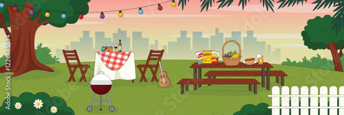 Cute and nice design of Picnic day with furniture and interior objects vector design