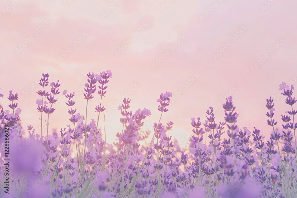 Naklejka premium Lavender field at sunset with soft pink skies, creating a serene atmosphere for relaxation