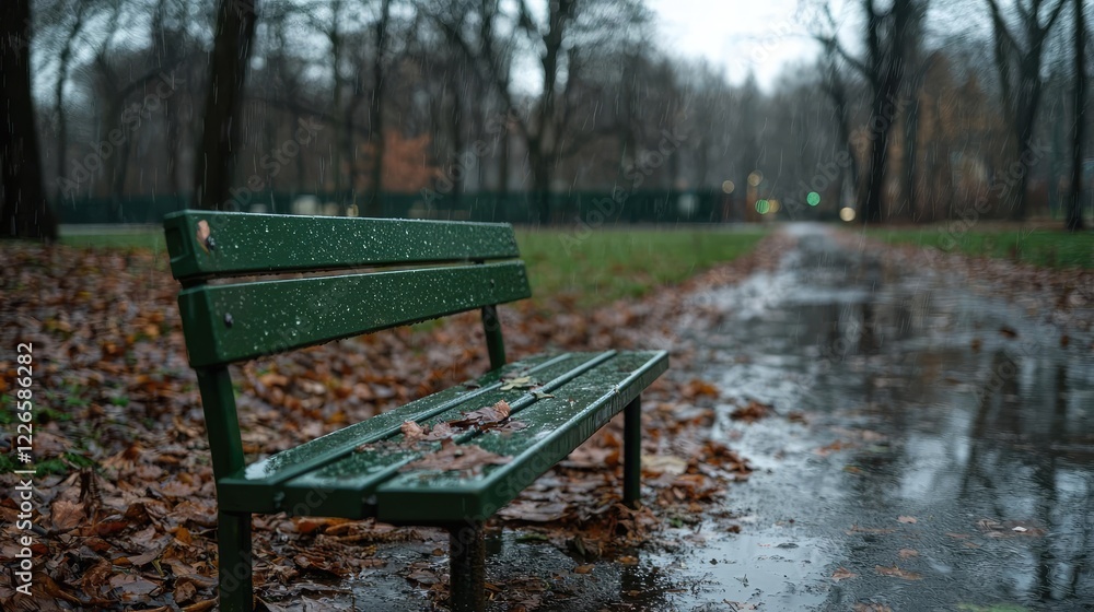 Rainy park bench, autumn leaves, wet path, urban background, contemplative mood, website banner Rainy park bench, autumn leaves, wet path, urban background, contemplative mood, website banner