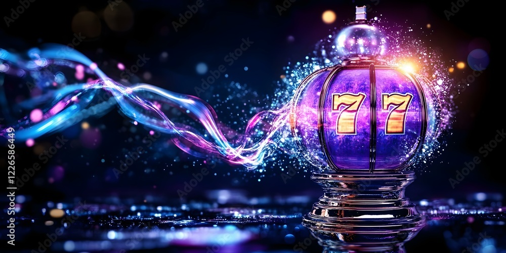 A shiny slot machine symbol displaying the number 77, surrounded by vibrant lights and swirling colorful effects. Concept Shiny Slot Machine, Number 77 Symbol, Vibrant Lights, Colorful Effects A shiny slot machine symbol displaying the number 77, surrounded by vibrant lights and swirling colorful effects. Concept Shiny Slot Machine, Number 77 Symbol, Vibrant Lights, Colorful Effects