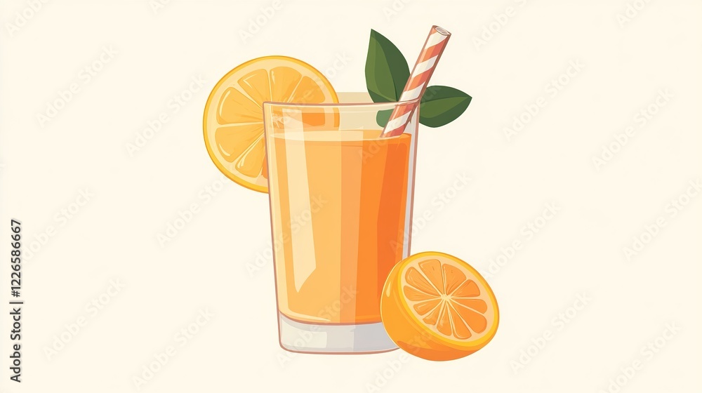 Fototapeta premium Fresh orange juice glass, straw, citrus, white background, menu design