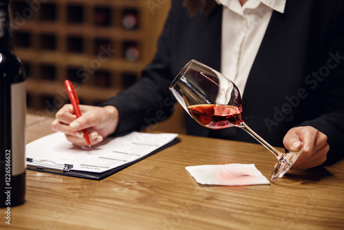 Woman sommelier tasting red wine in the wine cellar, close up photo. Alcoholic beverages degustation. Winemaking school, wine waiter certification.  photo