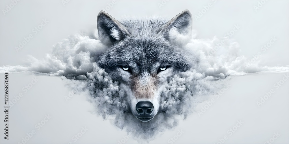 Fototapeta premium A stylized wolf's head emerging from clouds, showcasing a mix of realism and artistic abstraction. Concept Stylized Wolf Design, Realism Meets Abstract Art, Cloud Integration, Visual Symbolism