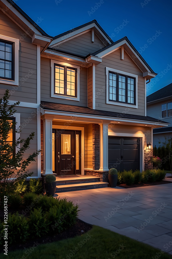 Luxury Home Exterior at Night: Modern Architecture, Elegant Design, and Beautiful Landscaping Luxury Home Exterior at Night: Modern Architecture, Elegant Design, and Beautiful Landscaping