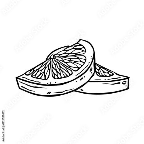 Lemon pieces illustration. Hand drawn ink graphic of citrus fruit. Linear drawing of lime. Outline sketch of citron. Black line art of chopped grapefruit for kitchen textiles, packaging or label