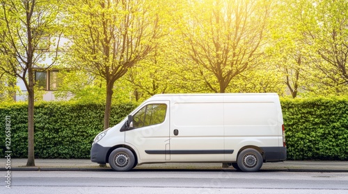 White van parked, spring street, sunny day, delivery service