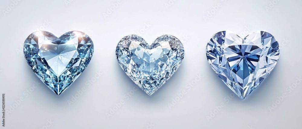 Fototapeta premium Three heart shaped diamonds on a light background with reflections and facets in a row