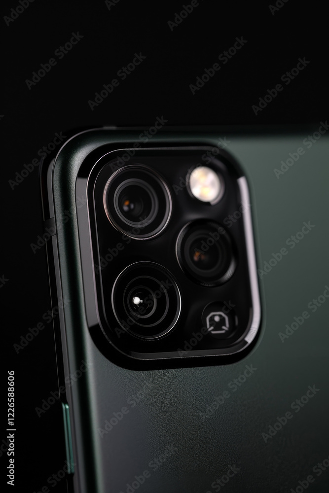 Close-up of a smartphone camera module, showcasing lens detail, reflections, and sleek design. Banner, showcase, advertising background, media. Close-up of a smartphone camera module, showcasing lens detail, reflections, and sleek design. Banner, showcase, advertising background, media.