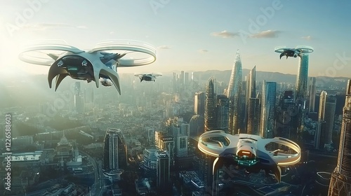 Futuristic drones flying over cityscape at sunrise photo