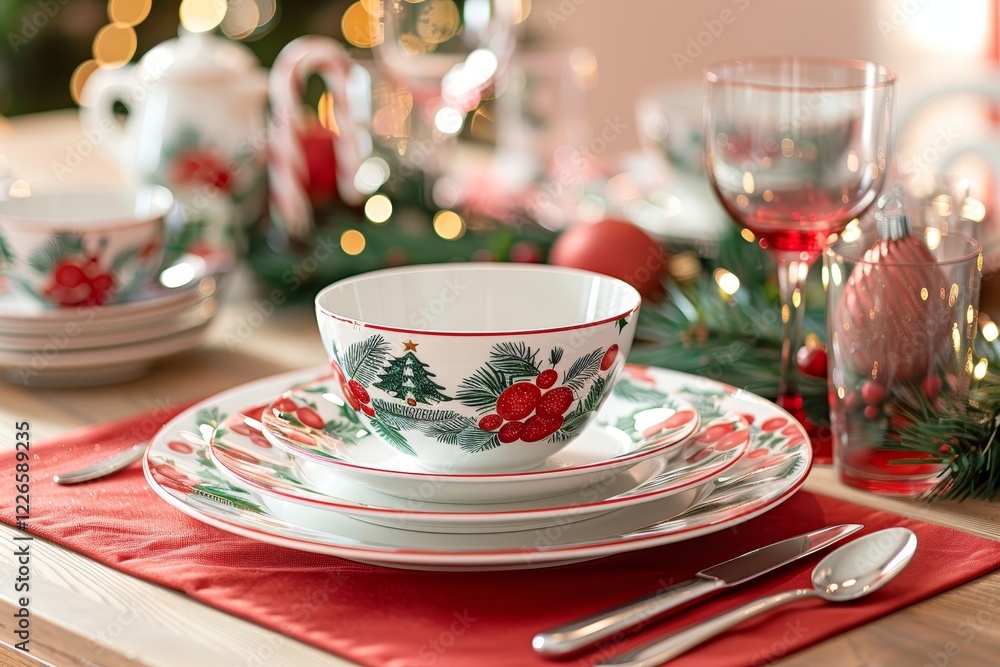 Elegant christmas table setting with festive ceramic dinnerware and holiday decor. Elegant christmas table setting with festive ceramic dinnerware and holiday decor.