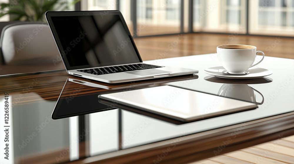 Fototapeta premium Modern office workspace with laptop, tablet, and coffee on a glass desk 