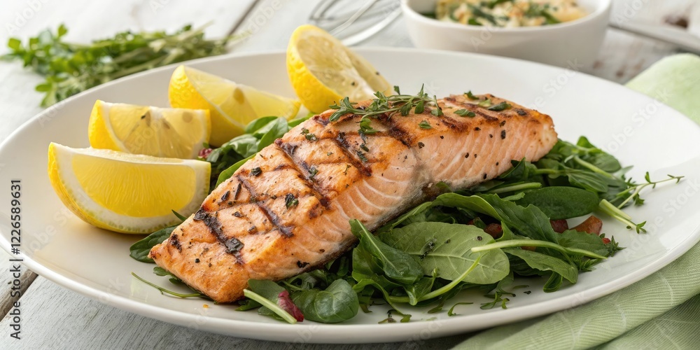 Grilled salmon served on a bed of greens with a side of lemon wedges, healthy, greens, salad Grilled salmon served on a bed of greens with a side of lemon wedges, healthy, greens, salad