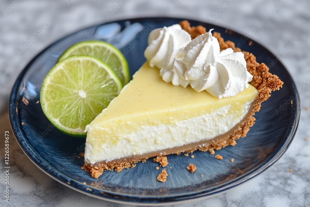 A slice of creamy lime pie garnished with whipped cream and lime wedges on a blue plate, with a marble background A slice of creamy lime pie garnished with whipped cream and lime wedges on a blue plate, with a marble background