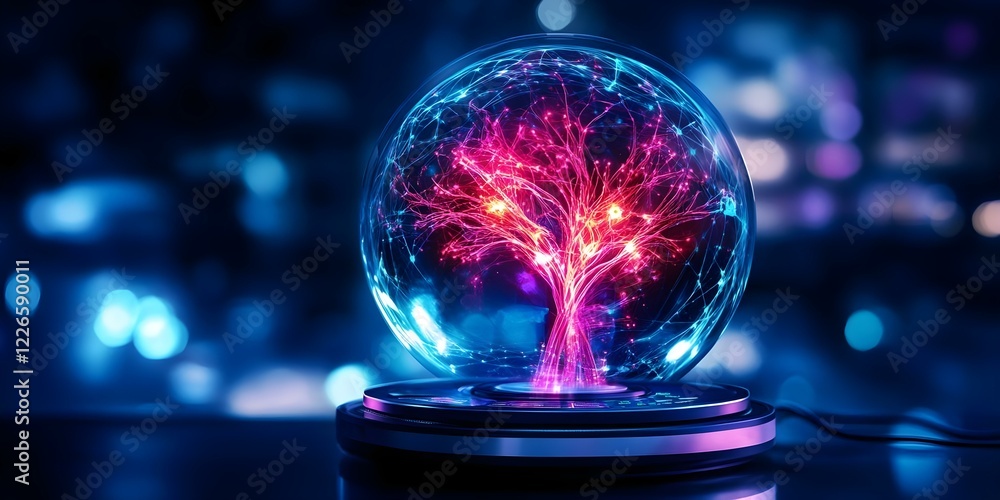 A glowing tree with vibrant colors inside a crystal ball, surrounded by a blue, out-of-focus background. Concept Glowing Tree, Vibrant Colors, Crystal Ball, Blue Background, Dreamy Aesthetic A glowing tree with vibrant colors inside a crystal ball, surrounded by a blue, out-of-focus background. Concept Glowing Tree, Vibrant Colors, Crystal Ball, Blue Background, Dreamy Aesthetic