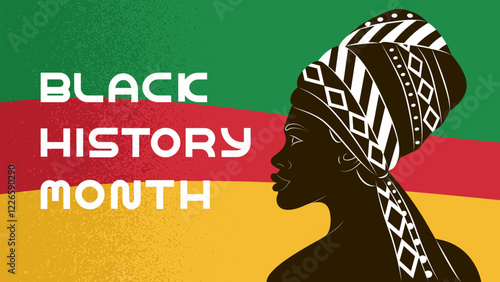 Banner for celebration of Black History Month. Dark-skinned woman in profile, shoulder-length. Hairstyle on dark curly hair. Scarf with national African pattern. Vector illustration.