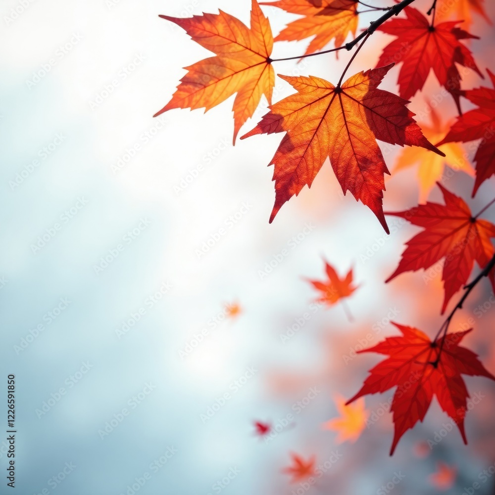 Obraz premium Delicate maple leaves drift against a pale winter sky, white, autumn