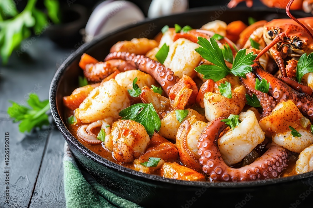 Grilled octopus and hearty seafood stew with tender octopus pieces. Mixed seafood dish with octopus and garnished with fresh herbs. Grilled octopus and hearty seafood stew with tender octopus pieces. Mixed seafood dish with octopus and garnished with fresh herbs.