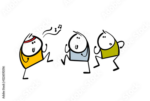 Group class at the fitness club. Cartoon vector illustration of the trainer shows the movements to the music. Isolated funny person on white background.
